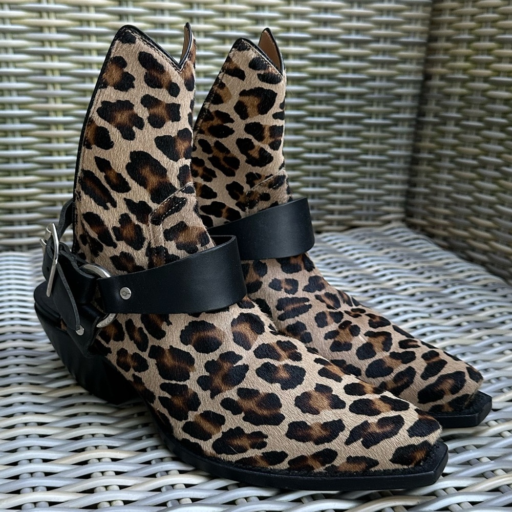 R13 Leopard Moto Half Boots 38 8 Calf Hair Mules Harness Cowboy Western Shoes